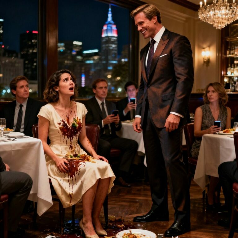 I was still wiping food off my dress when he leaned closer and whispered, “You’re nothing. You never were.” The entire restaurant was silent. My hands were shaking. Then my husband’s voice cut through the room: “Say that again.” Everyone turned. That was the moment I realized—this night wasn’t going to destroy me. It was about to destroy him.