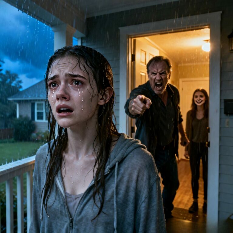 The freezing rain felt like needles, but it was my father’s voice that truly pierced my heart. ‘Get out! I don’t need a sick daughter like you!’ he roared, throwing my life into the storm because of my sister’s twisted lie. I walked away without a word, leaving everything behind. Three hours later, the sirens started screaming. Dad finally answered the door, but the horror on the officer’s face made his blood run cold…