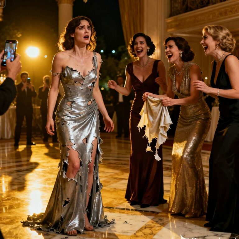 “I don’t belong here?” she laughed, tearing my dress as phones flashed around me. My hands were shaking when the door suddenly opened. The room went silent. A deep voice said, “What happened to my wife?” Every face turned pale. They had mocked the wrong woman—and they were about to find out who I really was.