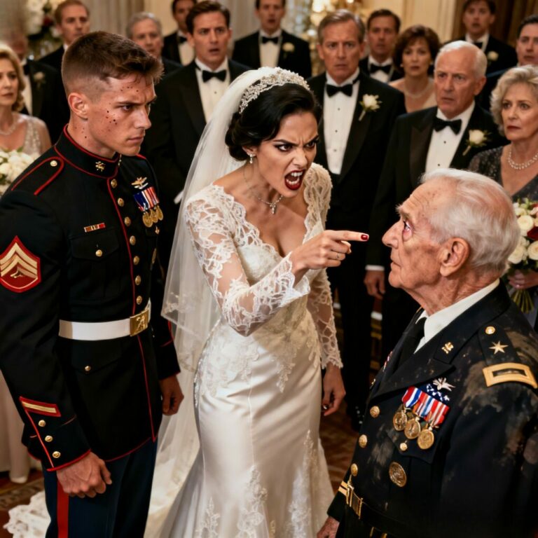 “The bride sneered, her voice dripping with venom: ‘A useless veteran like you is a disgrace to this wedding.’ Silence filled the room as my parents looked away. They thought they could humiliate my grandfather and get away with it. They forgot one thing: I never leave a soldier behind. ‘Grandpa, let’s go,’ I whispered. ‘The real party starts tomorrow.’ When the sun rose, they finally realized who they had crossed…”