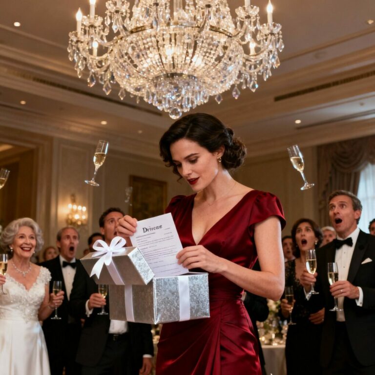 I was holding my champagne when she smiled and said, “Open it, dear. Everyone deserves honesty on their anniversary.” Inside the box were divorce papers—with cameras already rolling. The room waited for me to break. Instead, I laughed and whispered, “Thank you.” What no one knew was this: I already owned her house, her company… and the night wasn’t over yet.