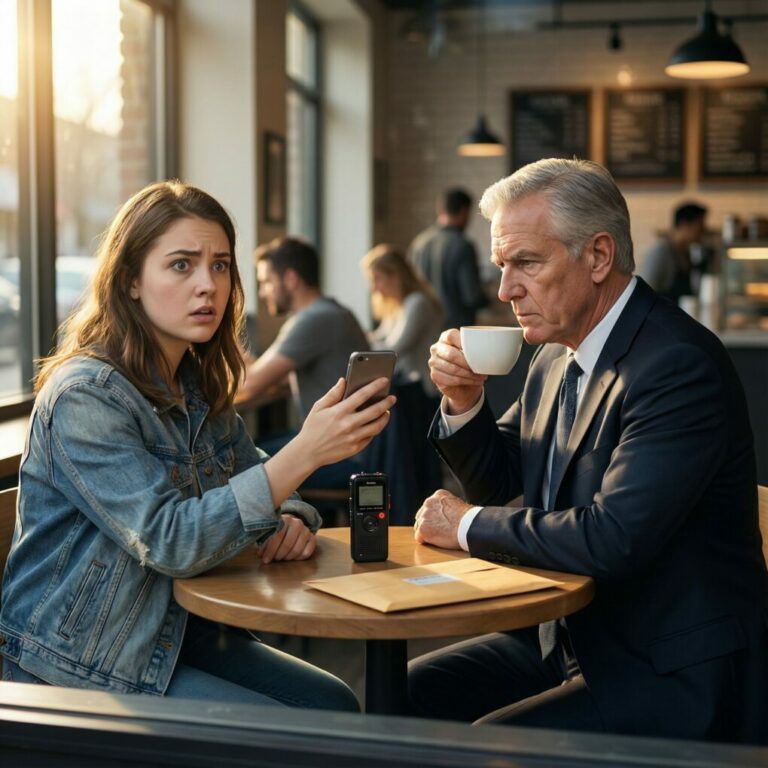 At 7:12 a.m., my dad called ice-cold: “Grandpa died last night, funeral Friday, the inheritance is all ours—you get nothing.” My mom laughed in the background: “Finally we got rid of her!” I didn’t argue, I just put it on speaker… Because they would never guess the person sitting across from me, sipping coffee, was listening to everything with a cold face.