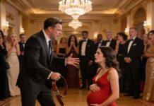 “I can’t believe this is happening… right here, in front of everyone,” I whispered, my hands trembling. Harrison raised his belt, his eyes cold. “You’ll pay for lying to my family,” he snarled. The crowd gasped and laughed. Strike after strike hit my back, and I clutched my belly, praying my baby would survive. Then, the doors crashed open, and a calm, furious voice boomed: “Stop. You will not touch her again.” I looked up—and froze.