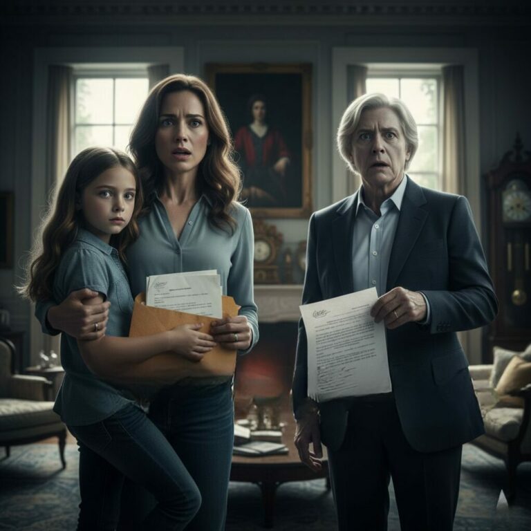 “My husband’s body was barely cold when my parents demanded their ‘share.’ They skipped his funeral for a party, but showed up at my door with greedy eyes. ‘Is this all we get?’ my mother hissed, clutching the legal papers. That’s when my daughter handed them a stained envelope. ‘Here,’ she whispered, eyes cold. ‘This is what Dad left for people like you.’ As they pulled out the contents, their faces turned ghostly pale. What did an 8-year-old know that could make grown adults tremble in fear?”