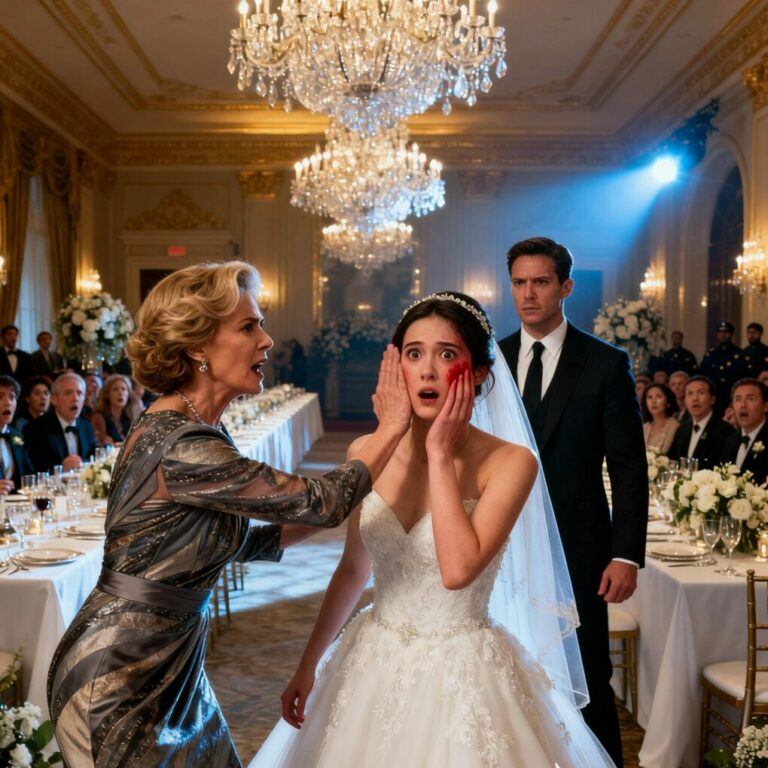 “I thought today would be perfect… until her hand hit my cheek!” I gasped, holding back tears as the entire ballroom fell silent. Patricia sneered, “This is what you get for disrespecting me!” My face burned with pain and humiliation. Then Nathan stepped forward, calm but deadly serious, and said, “Family doesn’t hurt family. Remove them now.” I couldn’t believe it—my wedding had just turned into a battlefield. But this was only the beginning…