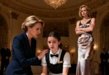 I knelt beside the trembling server, a cloth in my hand. “It’s just water and grapes, honey. You won’t get fired.” But across the room, Madison Thorne sneered, thinking her dress made her untouchable. I looked up and saw Sterling boast about stealing a chance from the deserving. My blood ran cold. “You’re about to learn that merit is not for sale.”