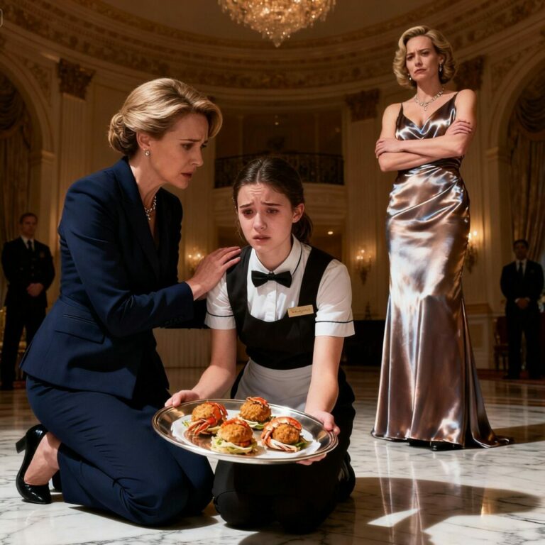 I knelt beside the trembling server, a cloth in my hand. “It’s just water and grapes, honey. You won’t get fired.” But across the room, Madison Thorne sneered, thinking her dress made her untouchable. I looked up and saw Sterling boast about stealing a chance from the deserving. My blood ran cold. “You’re about to learn that merit is not for sale.”
