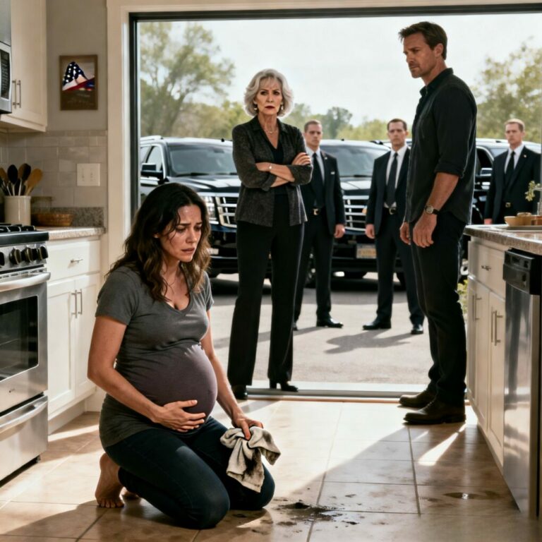 I was nine months pregnant when my mother-in-law threw a dirty rag at my face. “Clean the floors. You don’t eat for free here,” she sneered. My husband stayed silent. So I knelt down, scrubbing—until I made one phone call. Minutes later, black cars surrounded the building. She laughed… until the guards stepped out and called my name.