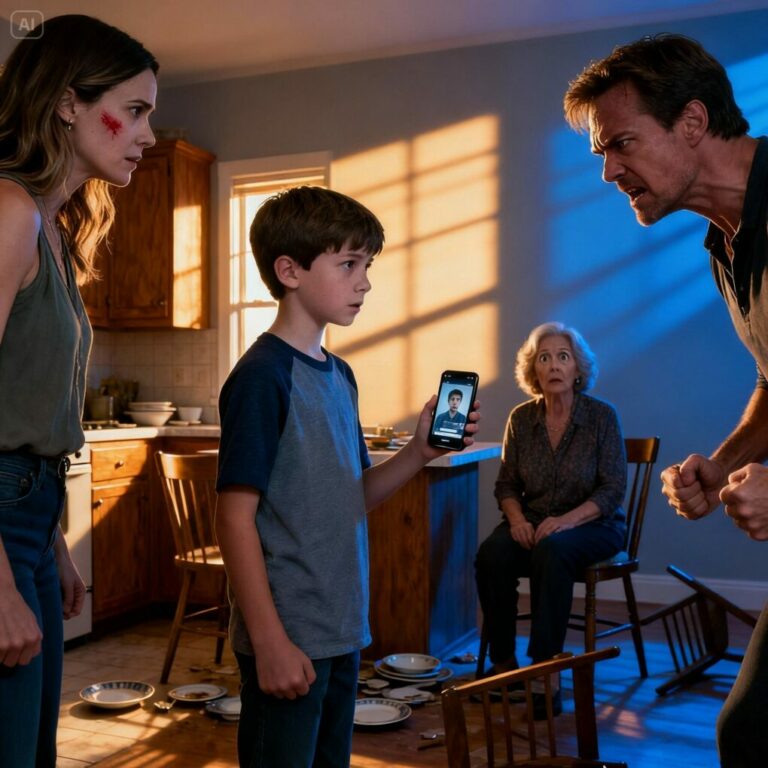 “David, why did you hit her?” Ethan’s small voice cut through the kitchen like a knife. My cheek burned from the slap I had barely dodged, but it wasn’t the pain that froze me—it was seeing my ten-year-old stand tall, unafraid. David’s eyes widened, his hand trembling. Ethan raised his phone, voice calm. ‘Everything is being recorded.’ For the first time, I felt a surge of hope. Could this finally be our turning point?”