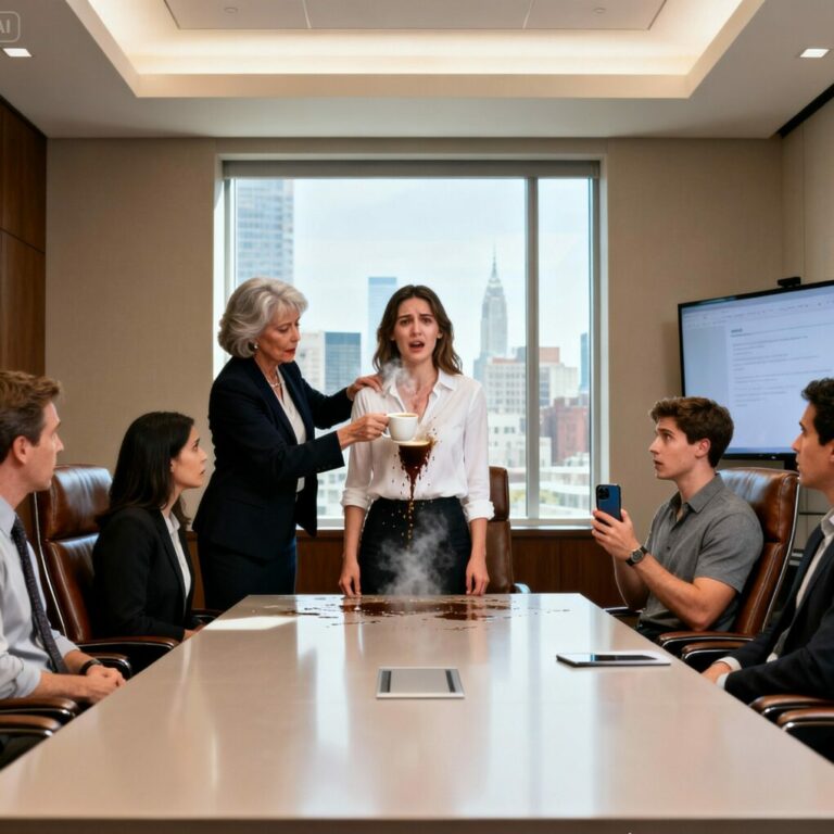 “They’re just interns. No one will believe you,” Jessica laughed as hot coffee soaked through my blouse. I was shaking, burned, humiliated, while Tyler filmed everything. That’s when my phone buzzed. My husband’s message was short: “Don’t quit. Tomorrow, I’ll come.” They had no idea the man they were mocking would end their careers in under five minutes.