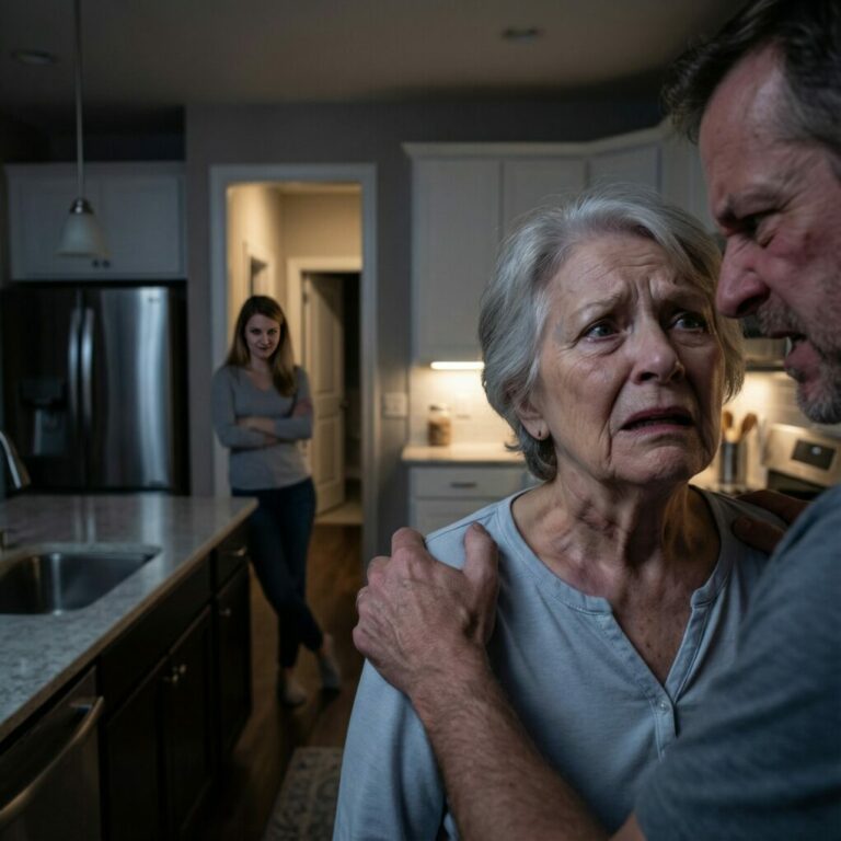 My son grabbed my throat, squeezing tighter as he screamed, ‘Obey me, you useless old woman! Go cook my dinner right now!’ I couldn’t breathe. My vision blurred. His wife stood in the doorway, laughing, treating my terror like a joke. In that moment, something inside me snapped—not with rage, but with clarity. I realized that if I survived this moment, I could never live like this again. As his hands tightened around my neck, I made a decision that would change everything. I was going to teach him a lesson he would never forget…