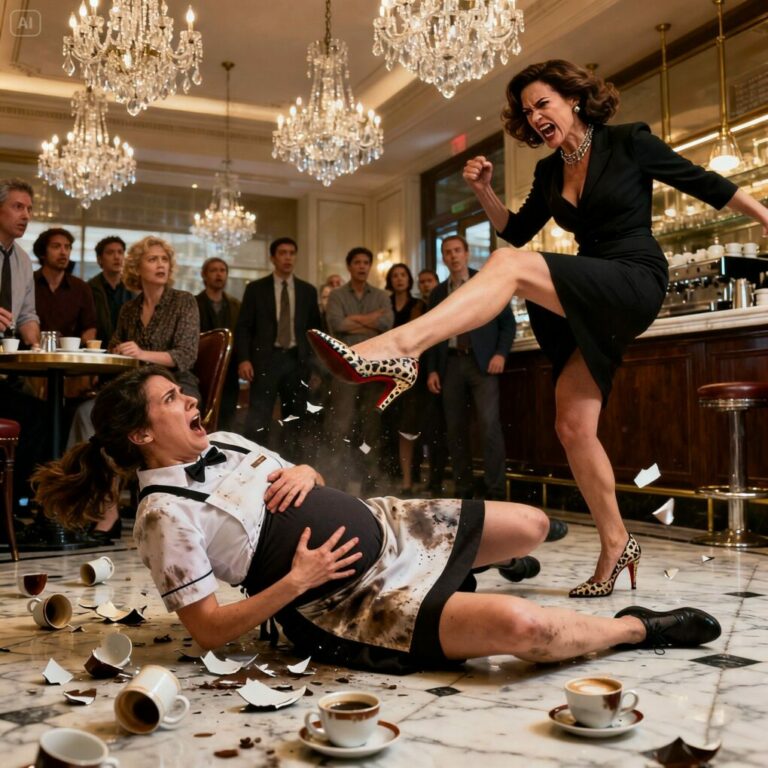 “I remember her smile right before she kicked me,” I whispered. “You think this baby deserves to live?” she laughed. The café froze. My hands flew to my stomach as pain ripped through me and I hit the floor bleeding. That’s when a man stood up and said quietly, “Stop. She’s my wife.” In that moment, I realized… this wasn’t just cruelty. This was the beginning of her end.