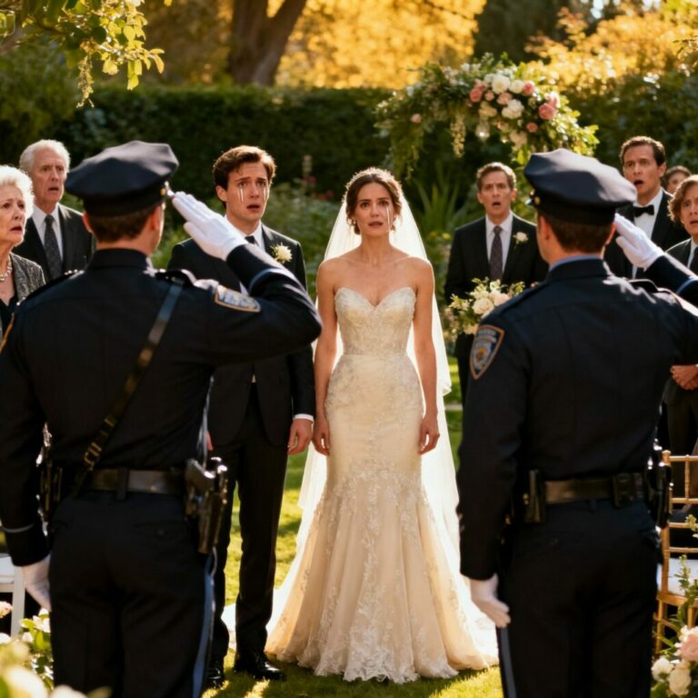 “I watched my future mother-in-law scream into her phone, ‘Send the police now—she’s a fraud!’ as I stood there in my wedding dress. When the officers arrived, one of them looked at me and said, ‘Ma’am… is it really you?’ Then they saluted. My fiancé froze. His mother went pale. And in that moment, my entire life was exposed.”