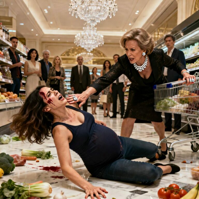 She laughed while I lay on the supermarket floor, bleeding and pregnant. “Call the police,” she said. “They’ll take that baby away from trash like you.” That’s when my husband knelt beside me and whispered, “Trust me.” Then he stood up, made one phone call, and the woman who ruled this town began to scream. What happened next went viral worldwide.