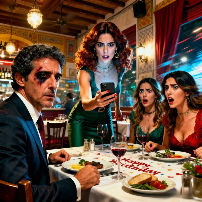 “Fueron mis hermanas, para que aprenda a respetar.” Eso dijo mi marido en voz alta, mientras yo estaba de pie con un ojo negro en nuestra cena de aniversario. Nadie reaccionó. Sus hermanas rieron. Sentí la humillación clavarse en el pecho. Yo guardé silencio… pero entonces mi hermana gemela dio un paso al frente, y en segundos, todo el poder en esa sala cambió.