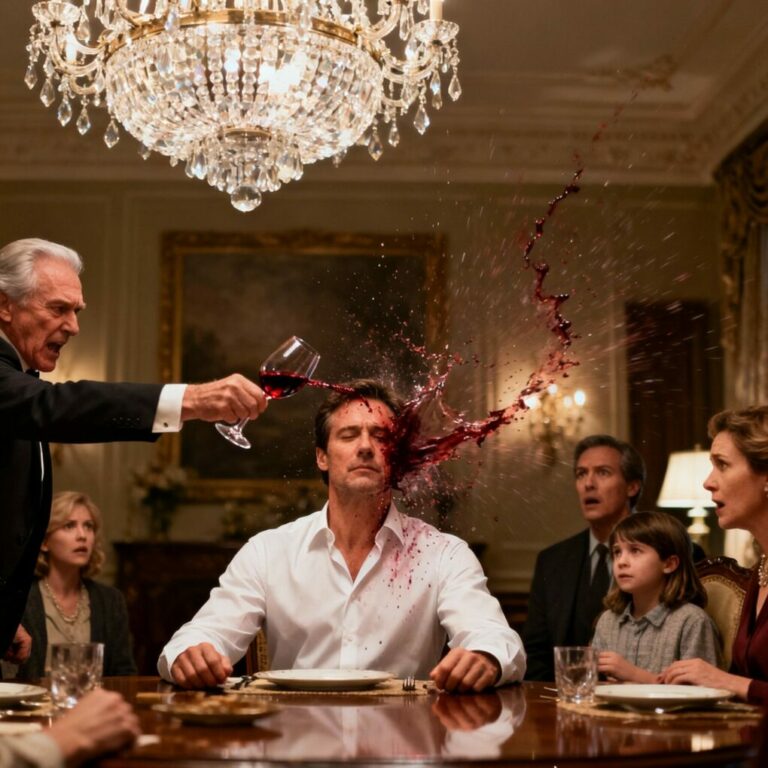 “The wine… in my face?” I shouted, wiping the red liquid from my eyes. “You think this humiliates me?” Richard’s laugh echoed, but something cold settled in me. “No, Dad,” I said slowly, voice steady. “This is the moment everything changes.” The room went silent. They had no idea what I was capable of. By midnight, their world would be upside down—and I would finally be free.