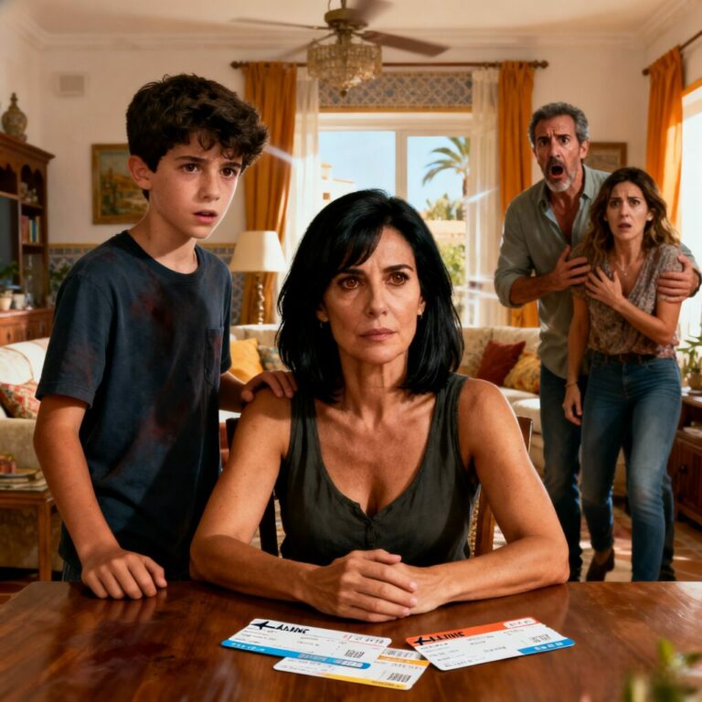 Encontré dos billetes de avión en el cajón. “Mamá, son para papá y la tía Vanessa”, dijo mi hijo de trece años, sonriendo. Le pregunté cómo lo sabía. “Tengo una sorpresa para ti”, respondió en voz baja. El salón quedó en silencio, ese silencio que humilla. Mi marido levantó la mirada. Yo no grité. ¿Por qué mi propio hijo me estaba llevando al centro de algo que aún no entendía?