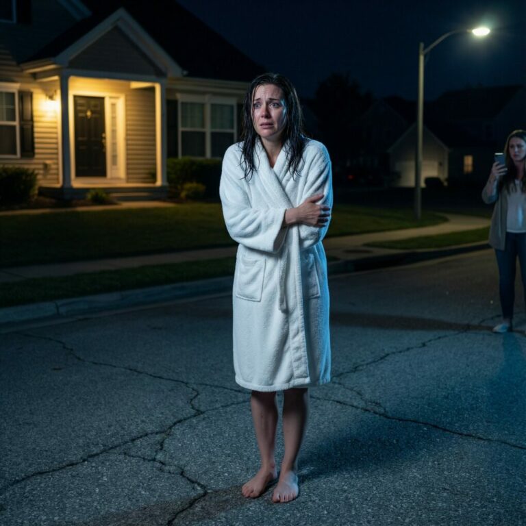 Estaba de pie, descalza sobre el pavimento frío, con el cuerpo envuelto únicamente en una toalla, cuando mi esposo cerró la puerta de un portazo y gritó: “¡Lárgate si no dejas que mi madre se mude aquí!”. Golpeé la puerta, supliqué, lloré… silencio. Lo que él no sabía era que alguien al otro lado de la calle lo había visto todo. Y ahora, mientras me seco las lágrimas, sonrío… porque la vida perfecta que construyó sobre mentiras está a punto de derrumbarse.