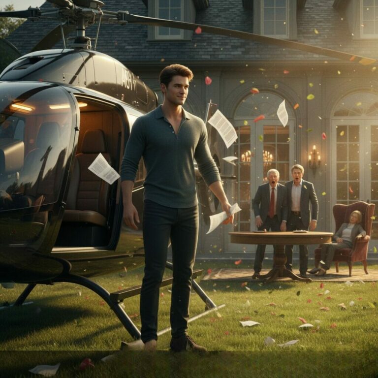“My father’s laughter echoed through the room, sharp and mocking. ‘You’re a failure,’ he spat, throwing a bus pass at my feet. ‘You can’t even afford a car, so why are you still talking?’ The family sneered, but then, a deafening roar shook the windows. Dust swirled as a private helicopter descended onto our front lawn. I stood up, adjusting my cufflinks with a cold smile. ‘Actually, Dad, I don’t need a car anymore. My ride’s here.’ As the rotors screamed, I saw his face turn pale. The real meeting was just beginning… and they weren’t invited.”