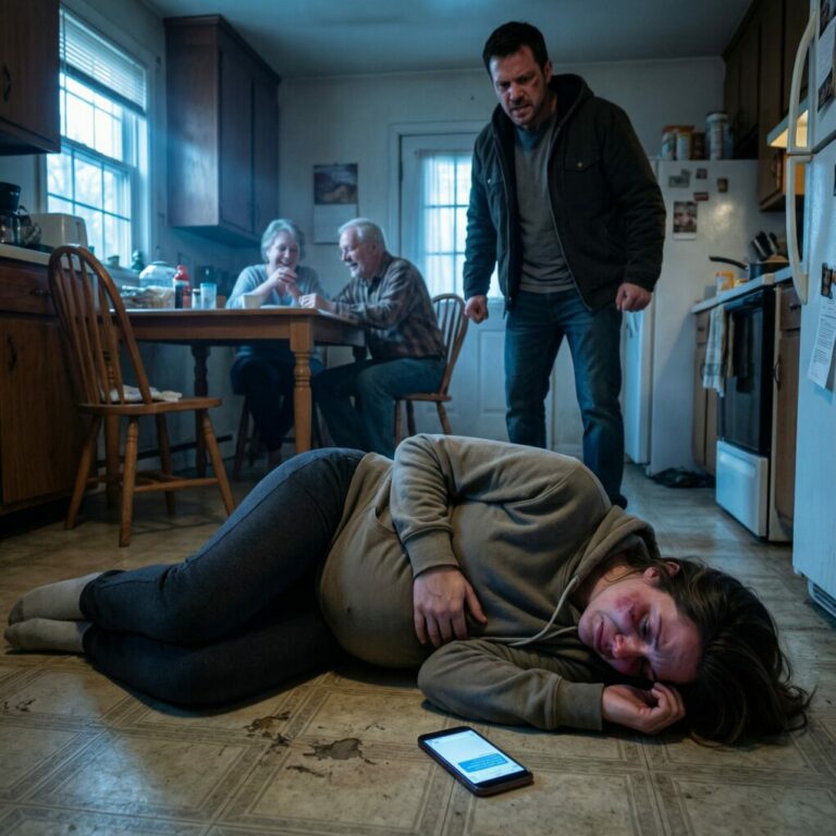 “¡Levántate, vaca perezosa! ¿Te crees una reina solo por estar embarazada? ¡Baja ahora mismo y cocina para mis padres!”, gritó mi marido a las cinco de la mañana, arrastrándome fuera de la cama. Sus padres estaban sentados allí, riéndose, mientras yo me desplomaba en el suelo de dolor. No sabían que, antes de perder el conocimiento por la paliza, había logrado enviar un mensaje que me salvaría la vida.