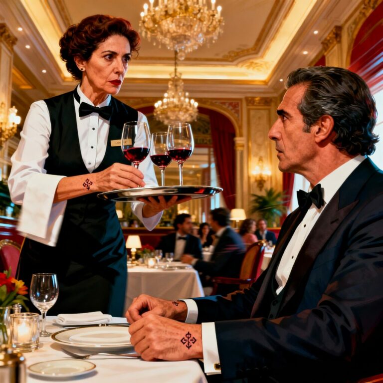 “¿Le importa si le hago una pregunta personal?” — le dije mientras le servía el vino. Él levantó la copa y vi la marca en su muñeca. La misma que llevo yo. Treinta años limpiando mesas después de un divorcio que me dejó sin nada… y ese silencio suyo me humilló más que cualquier insulto. Cuando dijo su nombre, sentí que el suelo desaparecía. ¿Puede una coincidencia destruir toda una vida?