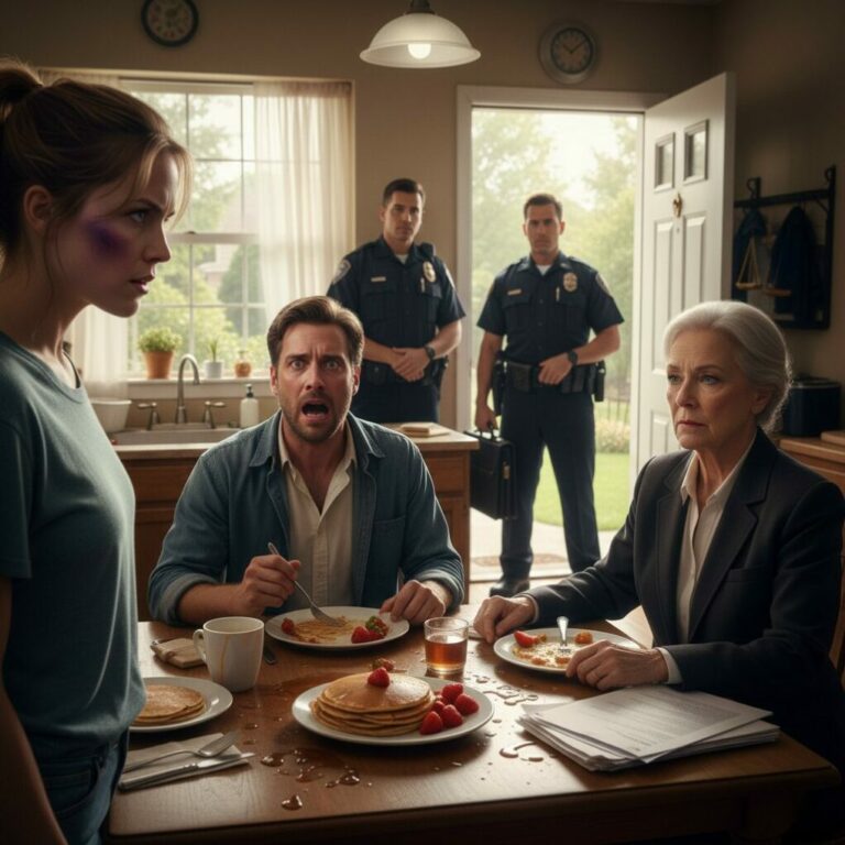 The bruise on my cheek burned, but I kept flipping the pancakes. When he walked in, smirking at the feast I’d prepared, he sneered, ‘Good, you finally learned your place.’ I didn’t look up, just whispered, ‘Oh, I learned much more than that.’ As he reached for the plate, the front door kicked open. His face went pale—he didn’t expect to see my brothers, and he definitely didn’t expect the handcuffs