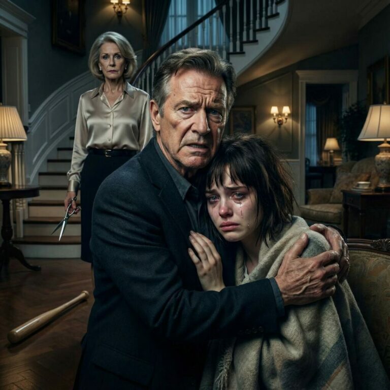My daughter whispered, “Dad, help,” and the line went dead. I drove at 100 mph to her in-laws’ mansion. My son-in-law blocked the porch, gripping a baseball bat, sneering, “This is a private family matter. Your daughter needed discipline.” One punch dropped him. Inside, I found his mother pinning my daughter down as she screamed, sawing off her long hair. “This is the price of disobedience,” she hissed. I tore my daughter free just in time—her body burning with fever as she collapsed in my arms. They thought I’d leave quietly. They were wrong. It was time they learned who I really am.