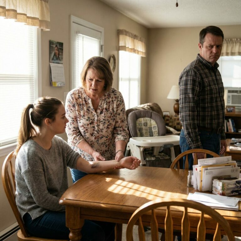 A wife hides her bruises after her husband hits her, but when his mother sees the mark, her shocking reaction uncovers a dark family secret.