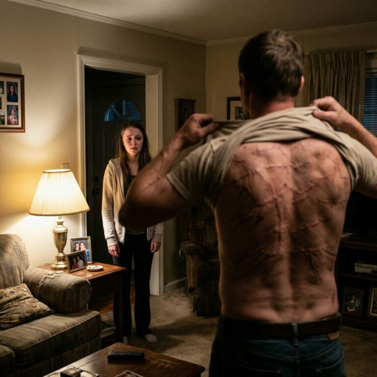 Me quedé paralizada cuando vi la espalda de mi padre mientras se cambiaba de camisa: cicatrices profundas y irregulares cruzaban su piel, idénticas a las fotos del criminal que la policía llevaba semanas buscando.  —Papá… ¿de dónde sacaste eso? —susurré.  Él se puso pálido al instante. Sentí cómo el corazón se me rompía, convencida de que estaba viviendo con un monstruo.  Pero días después, cuando arrestaron al verdadero criminal, mi padre por fin me sentó frente a él y dijo en voz baja:  —Oculté la verdad para que no tuvieras miedo.
