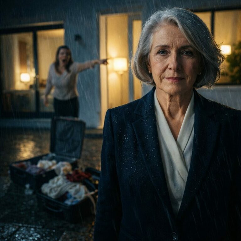 El día que enterré a mi esposo, escondí la herencia: la casa frente al mar y 18 millones. Esa noche, mi nuera lanzó mis maletas a la calle. «Desde hoy, esta casa es mía. Vete a un asilo», gritó. Sonreí. «No sabes con quién te metes». Mientras recogía mis cosas bajo la lluvia, ya estaba moviendo piezas que ella jamás vería venir…
