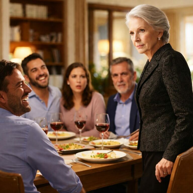 “¿Otra vez va a devorarlo todo esta vieja inútil?”, gritó mi yerno, y la mesa estalló en risas. Sentí cómo algo dentro de mí se rompía. Me levanté despacio, limpié mis labios y susurré: “Con permiso”. Nadie notó mi mirada. Nadie entendió mi silencio. Pero a la mañana siguiente, cuando el teléfono sonó desde el banco… su risa fue lo primero que desapareció.