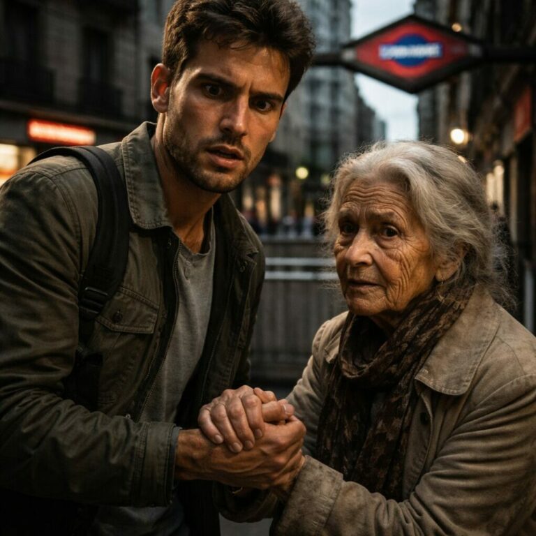 Después del divorcio y de empezar un trabajo nuevo en Vallecas, cada mañana dejaba unas monedas a una anciana que temblaba de hambre junto al metro. Nunca me miraba a los ojos. Aquella tarde me agaché otra vez y ella me agarró la mano con fuerza. Susurró, con una lucidez que me heló: “Has hecho demasiado por mí. No vuelvas a casa esta noche. Quédate en un hotel. Mañana te mostraré algo”.