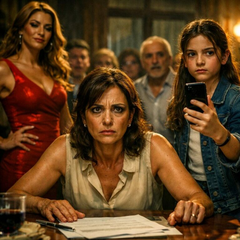 «Aquí tienes. Fírmalo delante de todos». Lo dijo ella, la nueva novia de mi marido, en la mesa larga del reencuentro familiar. Me puso los papeles del divorcio como quien deja una servilleta sucia. Sentí la humillación subir por la cara mientras todos miraban. Mi hija de trece años se rió. Una risa seca. Y entonces dijo: «Mamá, ¿quieres que les enseñe lo que hacían en el despacho del abuelo?» El silencio cayó como una losa. Nadie estaba preparado para lo que venía después…