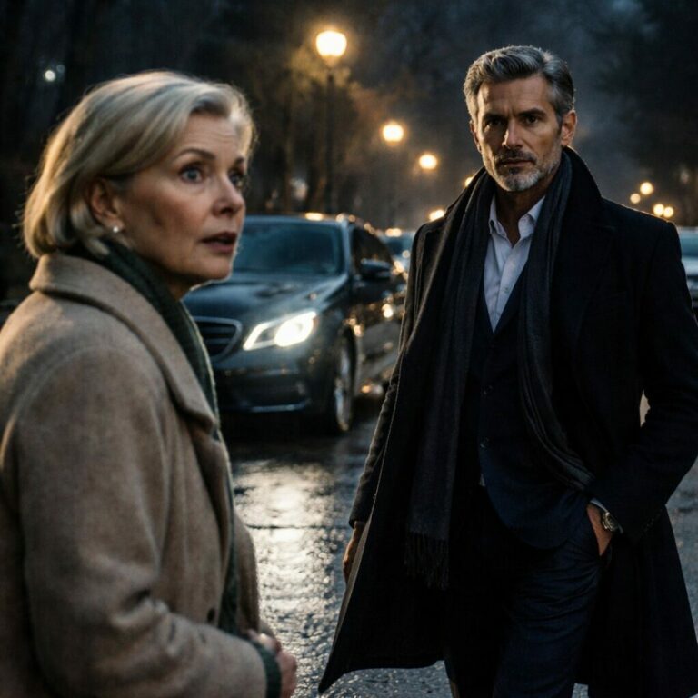 Mi marido me dejó en Nochebuena. “No vuelvas a llamarme”, me dijo antes de cerrar la puerta. Temblando en un banco del parque, vi a un hombre sin abrigo y, sin pensarlo, le di el mío. “Gracias… nunca lo olvidaré”, susurró. Horas después, varios Mercedes negros frenaron frente a mí. Él bajó del coche y dijo algo que cambiaría mi vida para siempre…