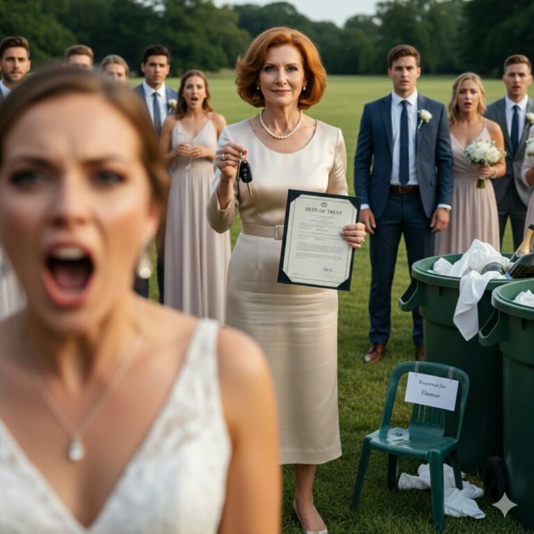 The Wedding Revenge Hook “Sitting by the trash cans at my own son’s wedding, I felt the cold sting of betrayal. My daughter-in-law leaned in, whispering with a vile smirk, ‘Face it, you’re just garbage now.’ I didn’t cry. I simply took my gift—the deed to their new house—and walked out. An hour later, her frantic screaming echoed through my phone. ‘What did you do?!’ she wailed. I just smiled, because the party was over, and so was her luck.”