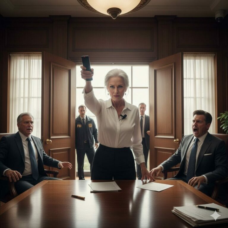 “My own son sat there, flanked by lawyers like wolves ready to tear into my late husband’s legacy. He pushed the papers toward me, his eyes cold and greedy. ‘Just sign it, Mom. It’s for the best,’ he whispered. I didn’t flinch. Instead, I let out a low, chilling laugh. ‘You thought I came here to surrender? Funny… I brought someone who knows all your secrets.’ The room went silent. Who was standing behind that door?”