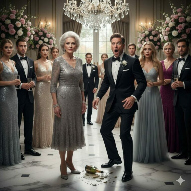 “This fat pig is my mother-in-law,” my son’s new wife sneered, her wealthy family erupting in cruel laughter. I stood there, silent, absorbing their insults until her father’s glass shattered on the floor. His face drained of color as he stammered, “Wait… aren’t you the new CEO?!” I leaned in, my smile cold as ice. “Small world, isn’t it? Pack your desk by morning.” But that was only the beginning of their nightmare.