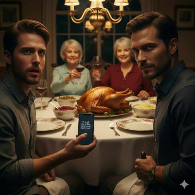 “The silver fork slipped from my hand, clattering against the china. My phone buzzed with a text that chilled my blood: ‘He is not your brother. Leave now or you’re next.’ I looked up, meeting my ‘brother’s’ eyes—eyes that suddenly felt like a stranger’s. ‘Is everything okay?’ he whispered, his smile never reaching his face. I stood up, heart pounding. What if the person I love is the very monster I’m running from?”