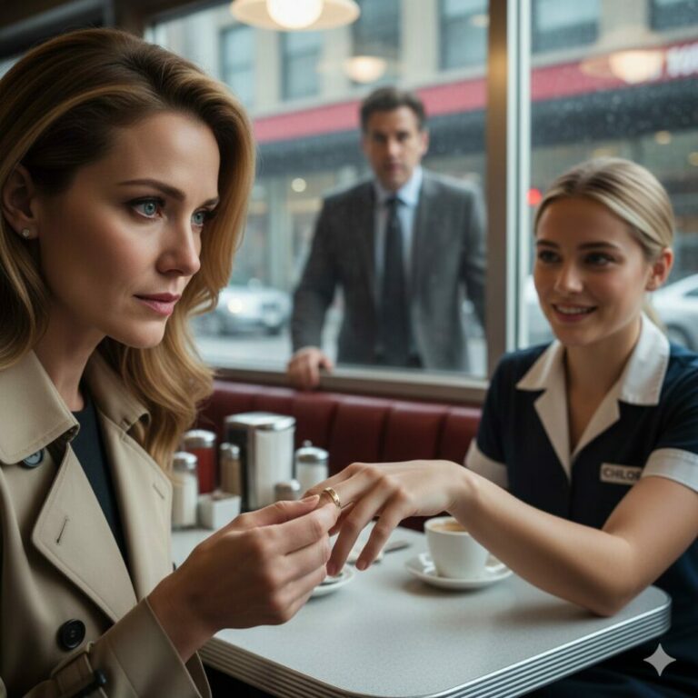 “I thought it was just a regular morning coffee until the waitress reached out. There, glinting on her finger, was my husband’s unique wedding band—initials and all. My heart stopped. ‘Beautiful ring,’ I forced out, my voice trembling. She smiled warmly, twisting the gold band. ‘Thank you! My husband gave it to me for our anniversary.’ The world spun. That was my ring. That was my husband. I looked her in the eye and whispered: ‘What did you say his name was?'”