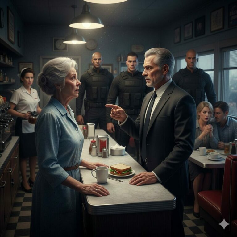 “I was a waitress at sixty, serving coffee with hands that used to hold a million-dollar inheritance—until my own children robbed me blind. Today, my son David walked in, sneering at my uniform. ‘You look pitiful, Mom,’ he laughed, loud enough for the whole diner to hear. I felt my spirit break, but then, the ‘homeless’ man I’d been feeding for weeks stood up. Suddenly, four black SUVs slammed to a halt outside, and elite bodyguards stormed the room. My heart stopped as the old man pointed a steady finger at my son and whispered, ‘Now, it’s my turn to take everything from you.’ Who was this man, and why was my son suddenly turning pale with terror?”