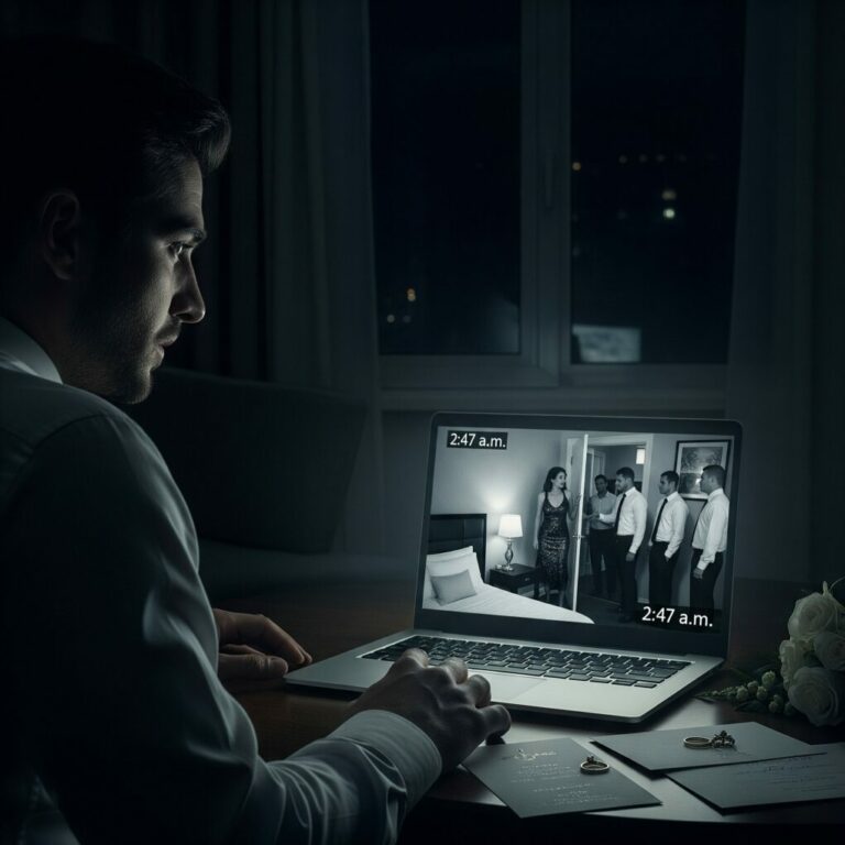 “I watched the security footage at 2:47 a.m. and whispered, ‘That’s not my fiancée… that can’t be her.’ But it was. Four men. One hotel room. Ninety minutes. Then I heard her voice in my head saying, ‘Nothing happened, Jordan.’ That was the moment I realized the wedding wasn’t the biggest lie — our entire relationship was.”