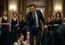 I was on my knees, soaked in champagne, when she leaned down and whispered, “This is all you’ll ever be.” Two hundred people watched. Phones were recording. I thought my future ended on that marble floor. Then a man stepped forward and said calmly, “Get your hands off her.” That was the moment everything shifted—and no one saw it coming.