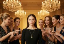 “She’s wearing costume jewelry,” the woman laughed loudly behind me. Then the old man stood up and said, “That ‘costume jewelry’ is worth more than everyone in this room combined.” I froze. Glasses stopped clinking. Faces turned pale. I had walked in feeling invisible— but I was about to walk out as the one they never should have underestimated.