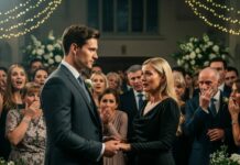 “I can’t believe I’m standing here… watching him marry someone else,” I whispered, my hands trembling. The crowd didn’t see me, they only saw the girl who “failed at love.” Then the doors slammed open. He walked in—my husband. “Did you really think I’d let you face this alone?” Every eye turned to us. My chest tightened. Suddenly, I realized: my life was about to rewrite itself in front of everyone.