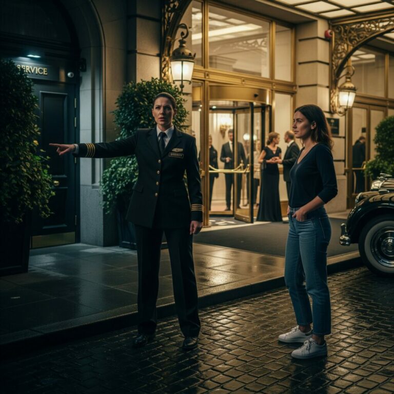 The security guard laughed and said, “Service entrance is around the corner.” My sister giggled and added, “Yeah… people like her don’t belong here.” I nodded, smiled, and walked away. What none of them knew was this: in exactly one hour, I’d be standing in the same room, holding a microphone, while their entire world collapsed—on screens I personally owned.