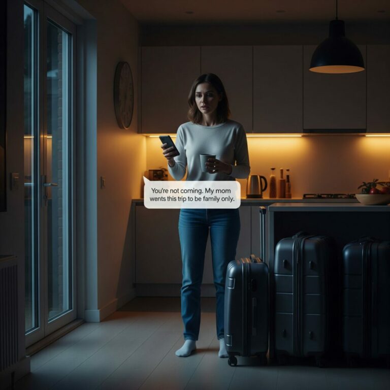 “I’m sorry, Sophie. My mom wants this trip to be family only.” That was the text my husband sent while I was standing next to my packed suitcase. No call. No explanation. Just one sentence that erased me. Three years, seven hundred thousand dollars, and my entire life reduced to not family. I didn’t cry. I smiled—because that was the moment I stopped being quiet.