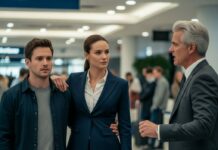 I stood frozen at the airport, heart pounding. “You can’t do this to me,” I shouted, my voice barely carrying over the crowd. But she didn’t turn back. My ticket… canceled. My phone… dead. My wife was walking away like I’d never existed. Then a stranger in a sharp suit leaned close and whispered, “Pretend I’m your wife, or he’ll find you.” My mind screamed—what kind of madness was this?