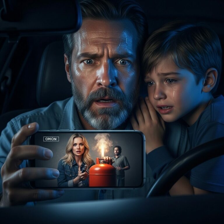 “My wife’s plane hadn’t even cleared the runway when my son’s hand turned ice-cold in mine. ‘Dad, don’t go back,’ he whimpered, his voice trembling. ‘I heard her on the phone… she said we wouldn’t survive the night.’ I thought it was a prank until I checked our home security feed. My heart stopped. There she was, standing in our dark living room—the woman I just dropped off miles away. ‘Found you,’ she whispered to the camera. What was she holding?”