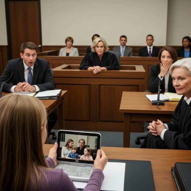 “I thought I knew my husband, but as the judge leaned in, my 9-year-old daughter trembled, clutching a tablet. ‘Your Honor, Mom doesn’t know what Daddy does when she’s at work,’ she whispered, her voice cracking the heavy silence. My heart stopped. As the video flickered to life, the courtroom froze. I stared at the screen, gasping for air—the man I loved was a monster I never knew. Was this the end of my marriage, or the start of a nightmare?”