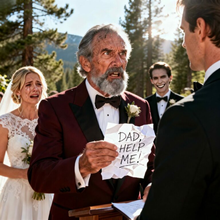 “I thought I was walking my daughter toward her ‘happily ever after,’ but I was actually leading her into a trap. My future son-in-law’s obsession with our family ranch wasn’t about love—it was about greed.  As the priest asked for her vows, Sarah’s hand trembled. She pressed a crumpled note into my palm: ‘Dad, he’s not who you think. Help me.’ My blood ran cold. I looked at the man smiling beside her and realized… I wasn’t just a guest; I was her only way out. I stood up, locked eyes with him, and said, ‘The wedding is over. Now, tell me what you did with the deeds.'”